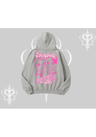 Startmore Born To Be A Star Yazılı Sevimli Kedi Arka Baskılı Kapşonlu Sweatshirt Gri