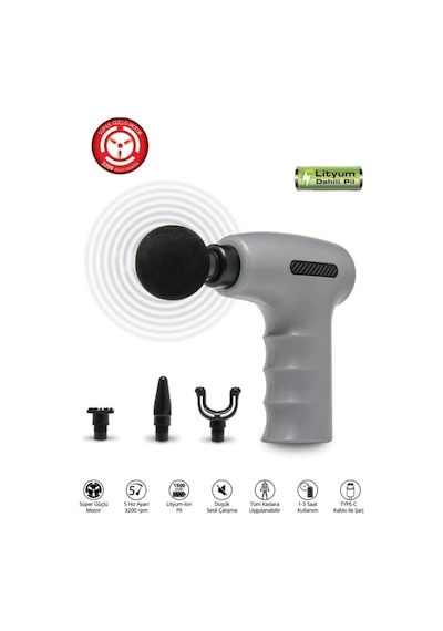 Titreşimli Masaj Aleti 4 Başlıklı 5 Hız Ayarlı 6mm Derin Doku Massage Gun 3200rpm 1200mah