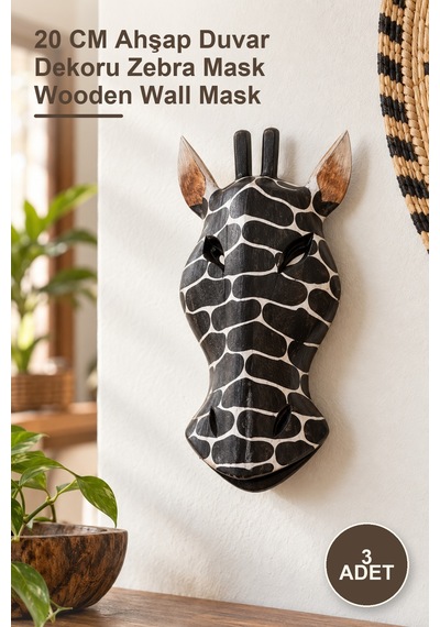 3 Adet Ahşap Duvara Asılan Zebra Maske 20 Cm Ahşap Duvar Dekoru Zebra Mask Wooden Wall Mask