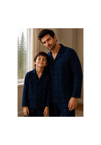 Free Beka Ekose Desenli Baba Oğul Uzun Kollu Gömlek Yaka Düğmeli Erkek Pijama Takımı Lacivert