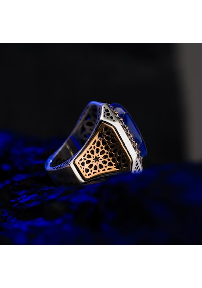 Lapis Lazuli Taşlı Geniş Kasa 925 Ayar Gümüş Erkek Yüzük Gümüş