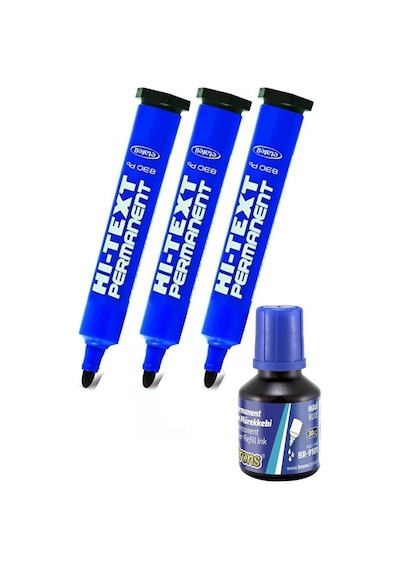Mavi Yuvarlak Uçlu Markör Permanent Kalem 3 Adet Hı-text Marker Mürekkep Mavi 30 Ml 1 Adet Brons Koli Kalemi