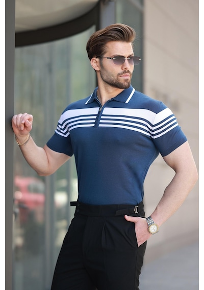 Madmext Lacivert Fermuarlı Polo Yaka Erkek Triko T-shirt E7407 Lacivert