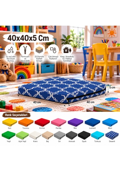 40x40x5 Cm Kare Minder - Sandalye Minderi - Kreş Anaokulu Oyun Aktivite Minderi - Bahçe Dekor Minderi Lacivert - Beyaz