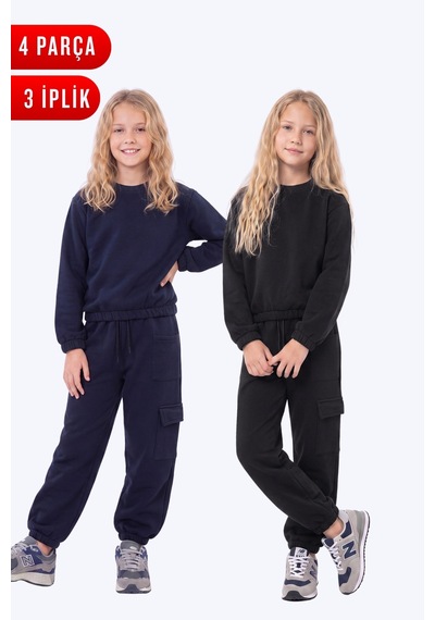 Panios Kids 3 İplik Kız Çocuk Düz Kısa Bel Sweatshirt Bisiklet Yaka 2'li Eşofman Takımı Lacivert-siyah