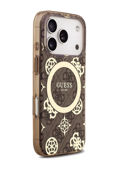 Apple iPhone Uyumlu 18 Pro Max Kılıf Guess Lisanslı M-safeli Iml Peony Ve 4g Desenli Klasik Logolu Kahverengi