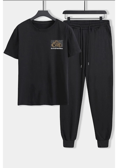 Uyguntarz Unisex Arid Mountain Baskılı 2'li Eşofman Takımı Siyah
