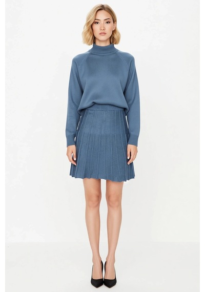Benerly Kadın Oversize Reglan Kollu Dik Yaka Pileli Etek Kazak Takımı Rah Indigo