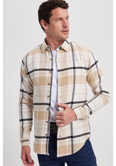 Tudors Erkek Slim Fit Dar Kesim Kareli Kışlık Oduncu Gömlek-42346 Ekru