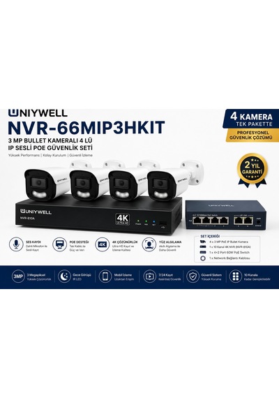 Uniywell Nvr-66mıp3hkıt 3 Mp Bullet Kameralı 4 Lü Ip Sesli Poe Güvenlik Seti