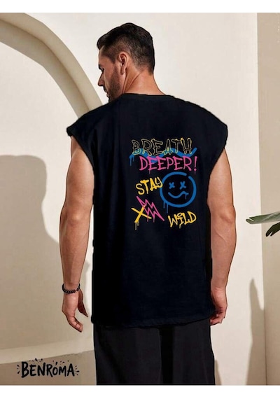 Deeper Stay Baskılı Kolsuz Tişört SIYAH