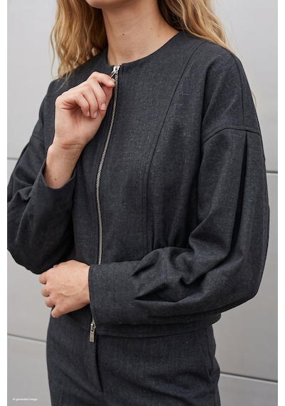 Sateen Fermuarlı Ceket - Antrasit-137997
