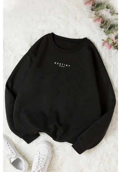 Unisex Destiny Baskılı Bisiklet Yaka Sweatshirt Siyah