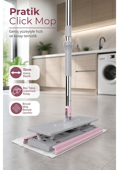 Click Mop Geniş Başlıklı Pratik Yer Temizlik Mopu - Bez Uyumlu - 32 Cm