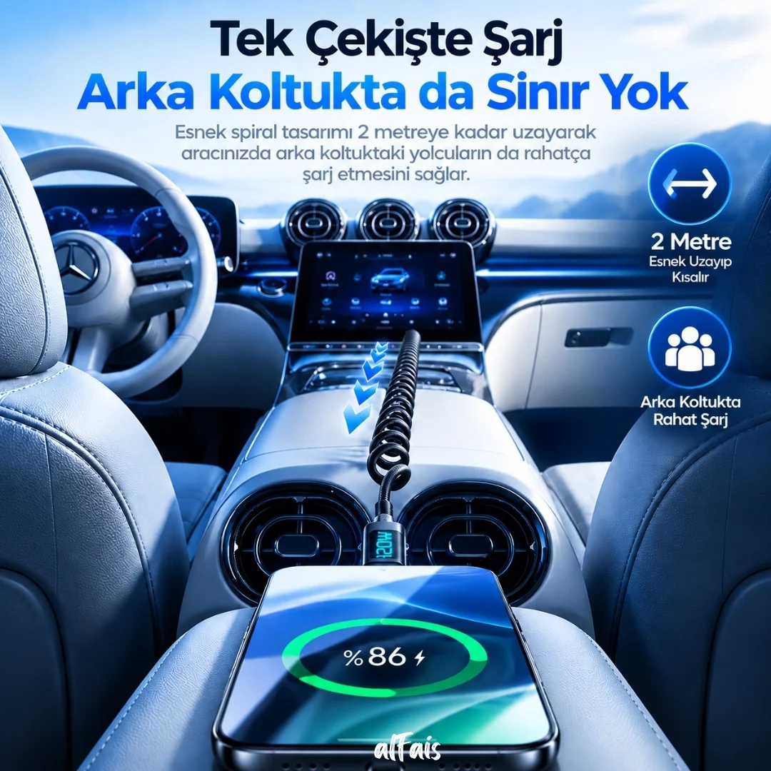 Samsung Uyumlu Type C Hızlı Telefon Şarj Veri Kablosu 120w Yaylı Spiral Dijital Ekranlı 2 Metre