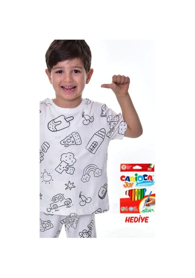 Zuzunga En Sevimli Figürler Özel Kalemi İle Boyanabilir Çocuk Pijama Takımı 12'li Kalem Seti Hediye Beyaz