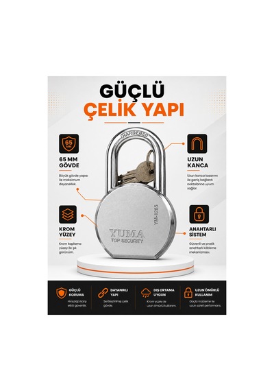 Yuma 65 Mm Uzun Kancalı Çelik Asma Kilit Ym-1265l Anahtarlı Güvenlik Kilidi