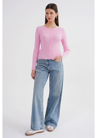 Hiccup Mixray Düğmeli Slim Fit Yivli Örgü Hırka Toz Pembe