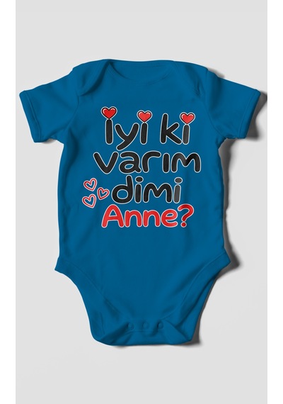Morivokids İyi Ki Varım Dimi Anne Kısa Kollu Bebek Body %100 Pamuk Koyu Mavi