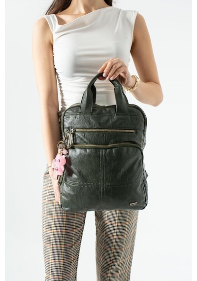 Baginn Vegan Deri Kadın Sırt Çantası Laptop-evrak Sırt Çantası 33 25 Cm Işıklı Charm Hediyeli Yeşil