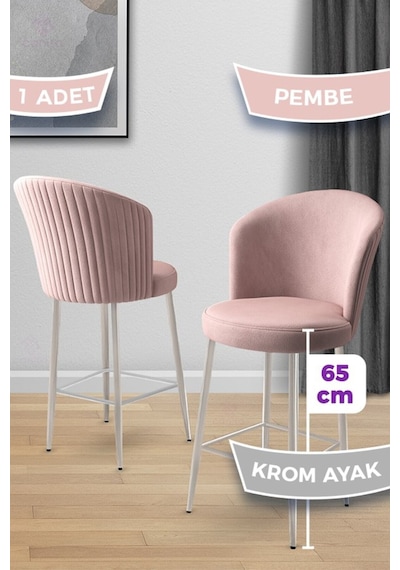 Canisa Alte Serisi 1 Adet Babyface Kumaş 65 Cm Krom Kaplama Ayaklı Pembe Bar Sandalyesi Pembe Sandalye Krom Kaplama Ayak