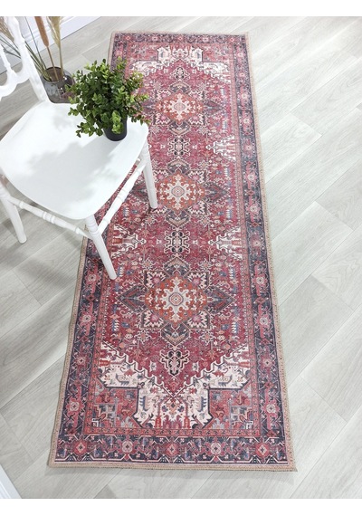 Fușya Pembe Ve Kırmızı Madalyon Desenli Vintage Halı