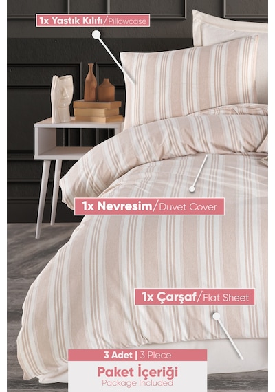 Eponj Home Sport Çizgili Nevresim Takımı Tek Kişilik Soft Line Bej Bej