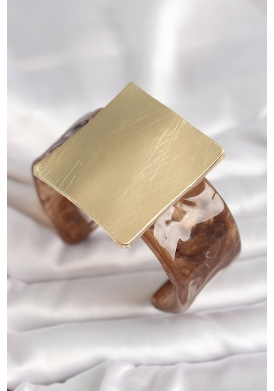Kahverengi Mermer Desen Akrilik Plastik Gold Kare Plaka Model Vintage Kadın Bilezik Diğer