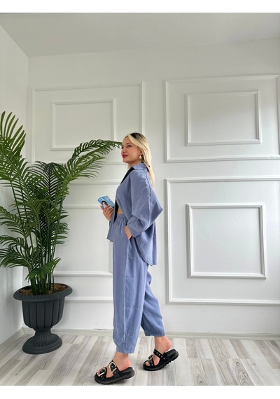 Keymoda Kadın Gömlek Pantolon Takım Gri Mavi Gri Mavi