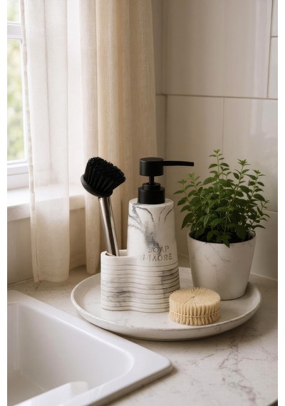 Buççin Online Mağaza Polyresin Mermer Fırçalı Tezgah Üstü Sıvı Sabunluk Mutfak Banyo Deterjanlık Poliresin Beyaz Çok Renkli
