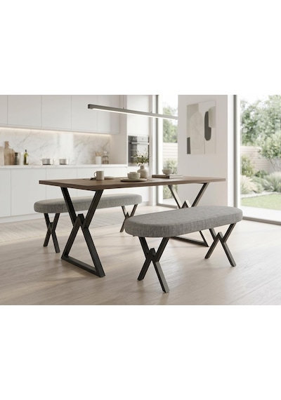 İkon Bench Puf - Çapraz Metal Ayaklı Gri Kumaş Döeşemeli Yemek Masası Ve Antre Pufu