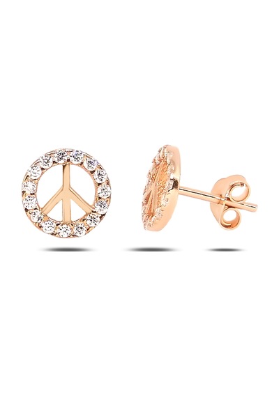 Peace Barış Sembolü Kadın Gümüş Küpe Pembe Altın
