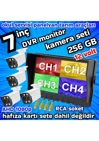 Tarımsal Araçlara 4 Adet Ahd 2 Mp Warm Ledli Kamera 7 İnç Qled Ips 256 Gb Dvr Monitör 12 Volt