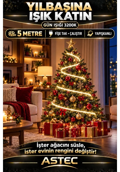 Astec Tak Çalıştır 5 Metre Yapışkanlı Gün Işığı Şerit Led Yılbaşı Ağacı Süsü Ve Dekoratif Ev Aydınlatması Fişe 220v