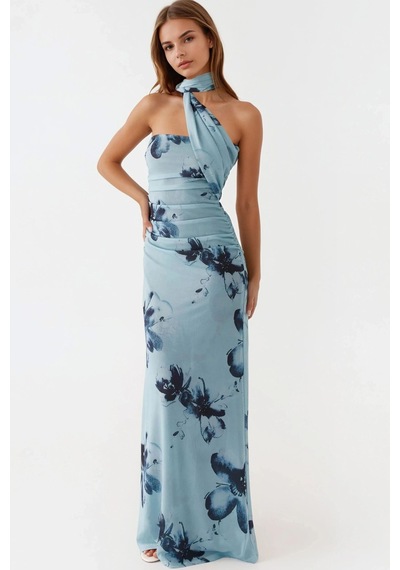 Hiccup Straplez Desenli Bodycon Maxi Tül Elbise Mavi