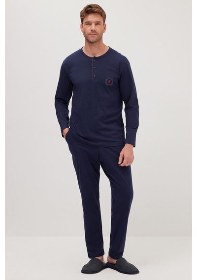 Tudors Erkek Standart Fit %100 Pamuk Bisiklet Yaka Beli Lastikli Lacivert Pijama Takımı-37948 Lacivert