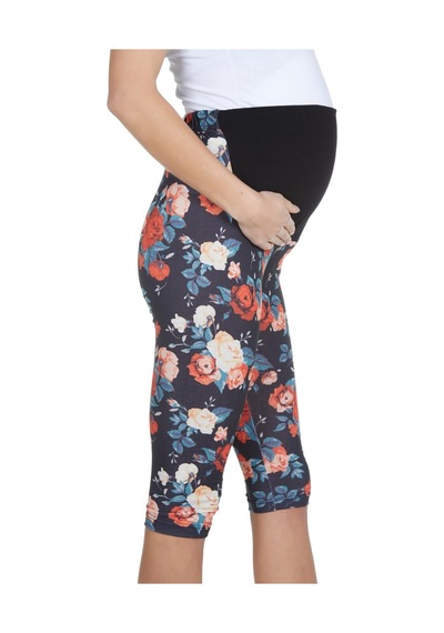 Luvmabelly Maternity 8018 - Pamuklu Göbek Destekli Çiçekli Kapri Hamile Tayt-çok Renkli