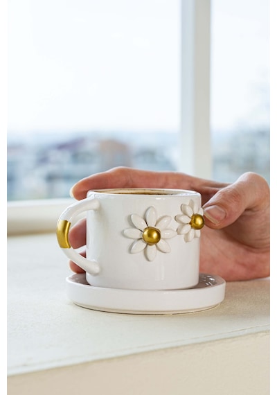 Rivaistanbul Gold Papatya Amore El Yapımı Seramik Double Kahve Fincanı Mug Kupa Krem