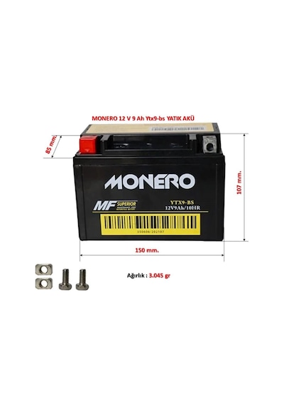 Monero Akü Ytx9a-bs 12v9ah 2012-2023 Kawasaki Klz 1000 Versys/2008-2012 Ninja 250r