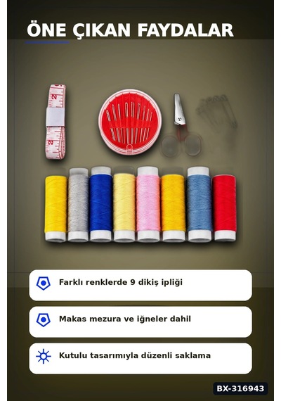 Çantalı Dikiş Seti İplik Mezura Tekstil Makası İğne Ve Yüzük Tamir Kiti Bx-316943