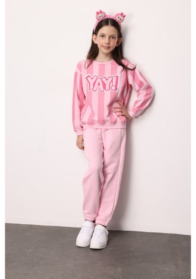 Le Mabelle Pembe Yay Baskılı Çizgili Kız Çocuk Eşofman Takımı - Phoebe Pembe
