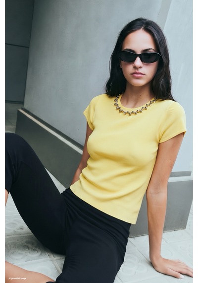 Sateen Kolyeli Kısa Kol Triko - Sarı-137950