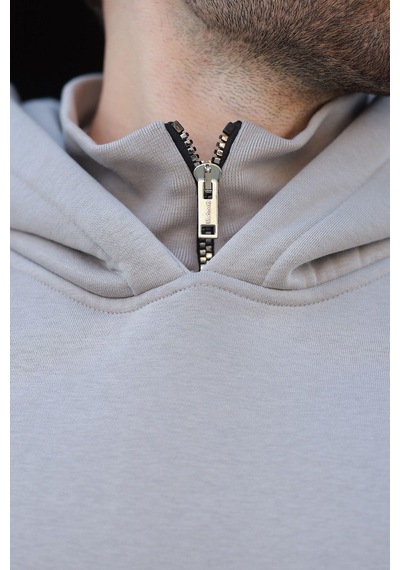 Madmext Boyalı Gri Kapüşonlu Fermuar Yaka Desenli Erkek Sweatshirt E7162 Gri