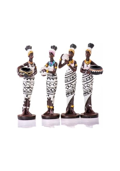 Mukko Home Siyah Beyaz Küp Taşıyan 4'lü Afrikalı Kadın Biblo Seti - Polyester Dekoratif Figür 15x4 Cm ,beyaz &am Diğer