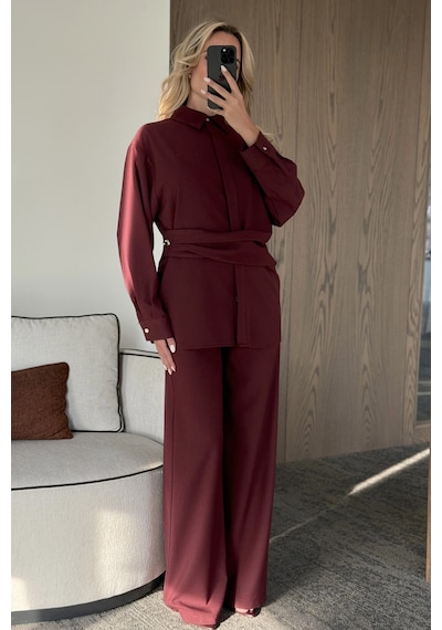 Laluvia Bordo Gold Aksesuar Düğmeli Gömlek Pantolon Takım - 8856 Bordo