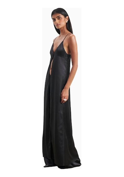 Because Of Alice Satin V Neck Longline Camisole Parlak V Yaka Saten Kadın Bluz Siyah