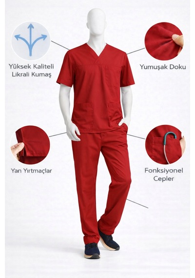Likralı Hemşire Doktor Forması Premium Belinda Soft Kumaş Scrubs Hastane Üniforması Cerrahi Takım Kırmızı Likralı Hemşire Doktor Forması Premium Belinda Soft Kumaş Scrubs Hastane Üniforması Cerrahi Takım Kırmızı