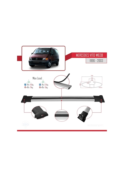Mercedes Vito W638 1996-2003 Arası İle Uyumlu Fly Model Ara Atkı Tavan Barı Gri