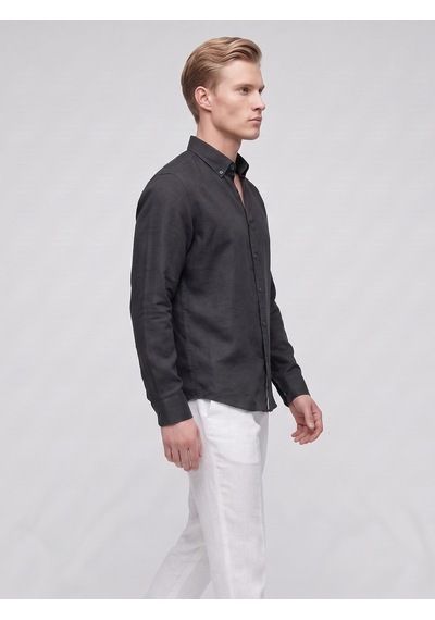 Plus Scorpion Erkek Keten Müslin Gömlek Slim Fit Düğmeli Yaka Uzun Kollu Yazlık Gömlek Siyah