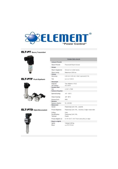 Element Elt-pt 0-16 Bar Basınç Transmitteri Seramik G 1/4''
